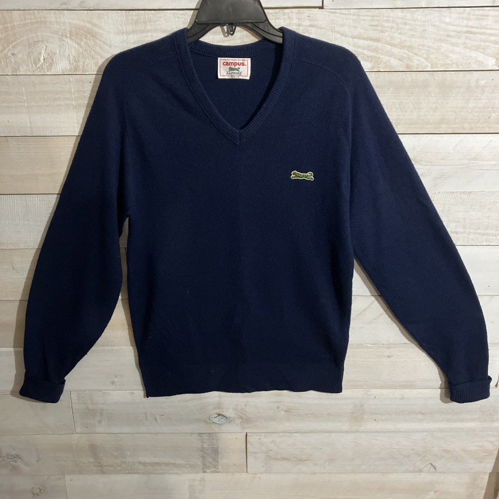 VTG Le Tigre Campus V-Neck Navy Sweater Blue Tiger Sz M USA 100% Virgin Acrylic